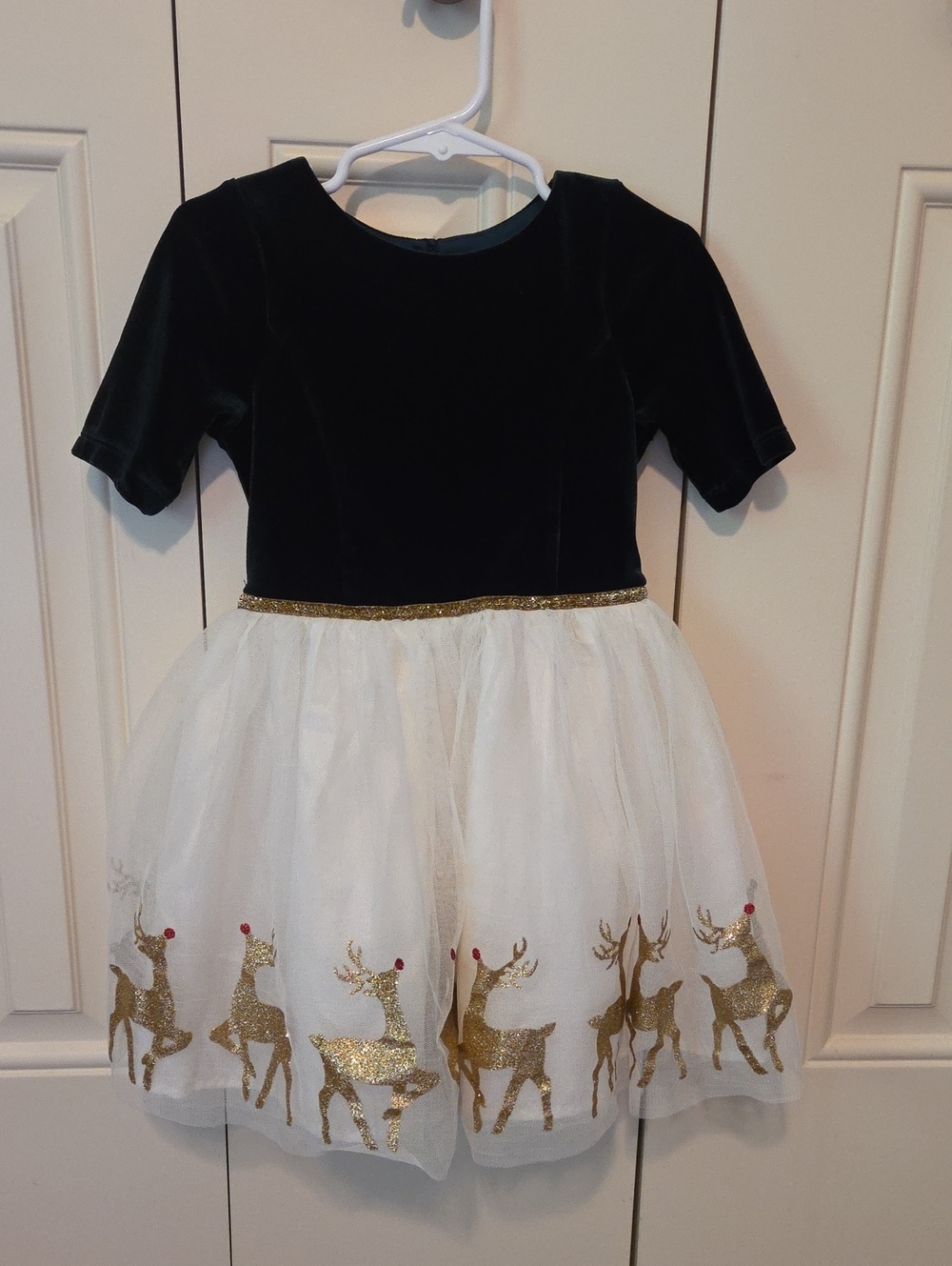 Girls Green Velvet and White Tulle Reindeer Holiday Dress